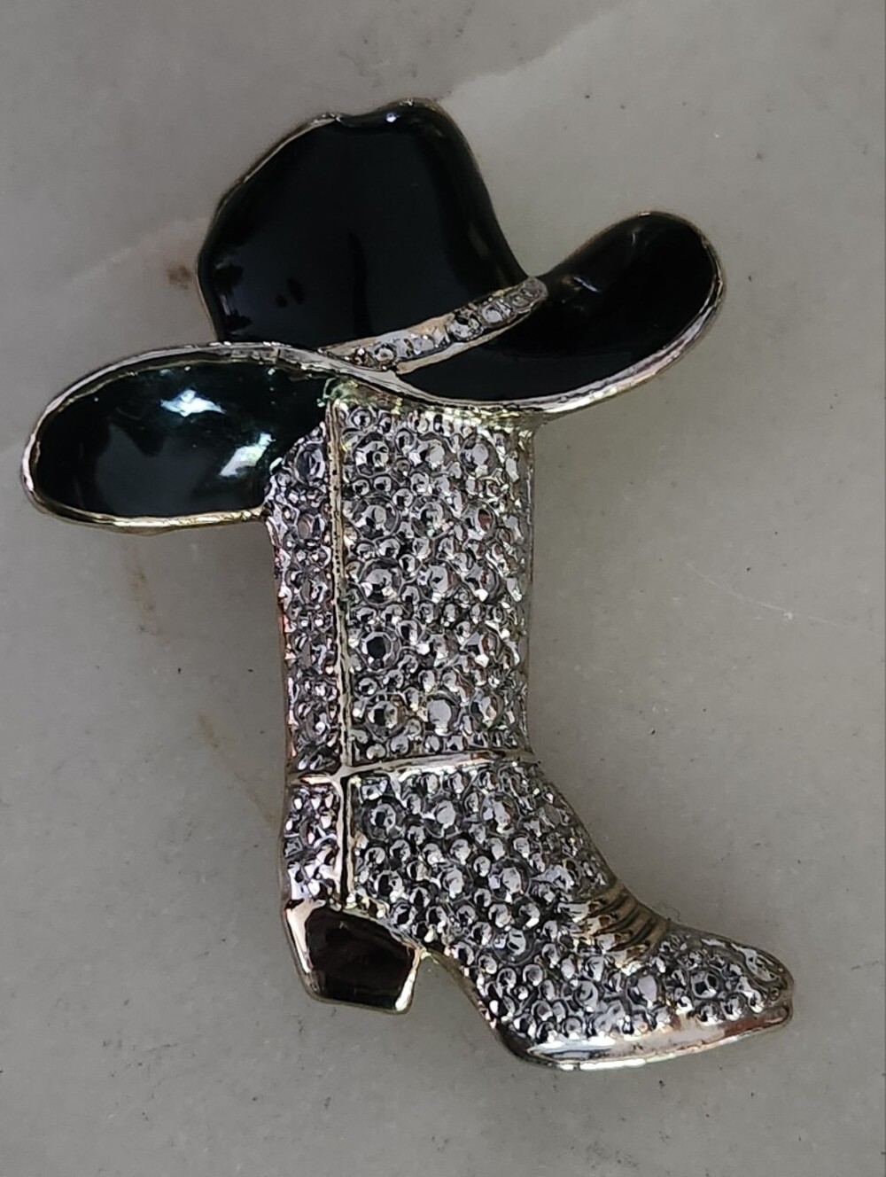Rhinestone Cowboy Boot Brooch with Black Enamel Hat